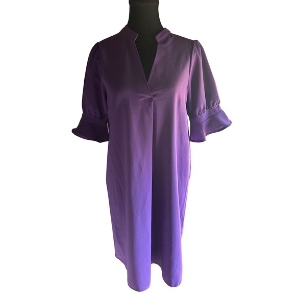Purple dress size M mandarin collar puff sleeves elbow‎ sleeves knee length - Picture 1 of 4